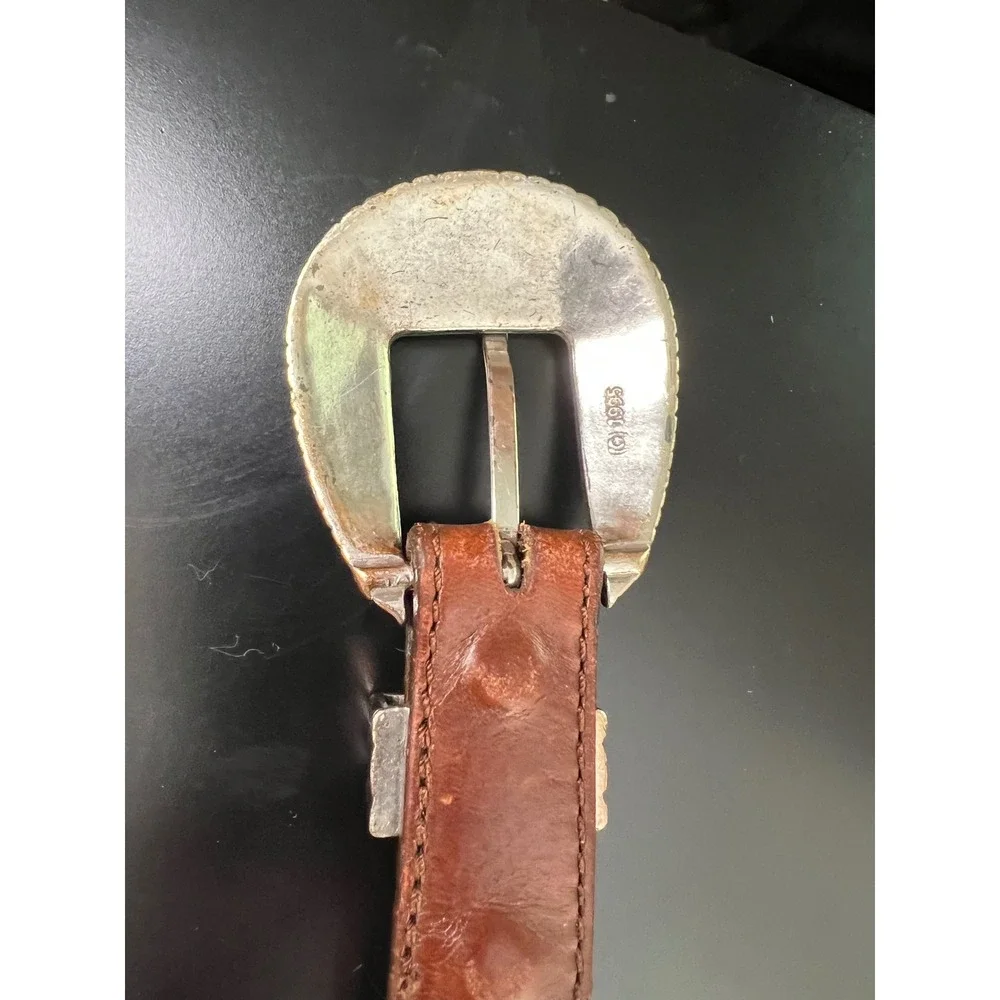 Vintage Western Brown Leather Braided Belt Silver Engraved Buckle‎ Tip Boho 40
